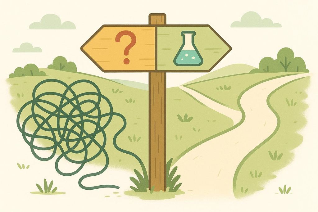 An illustration showing a signpost with two arrows. The left arrow points to a tangled, knotty path labeled with a question mark, representing myth. The right arrow points to a clear, straight path labeled with a science beaker icon, representing fact.