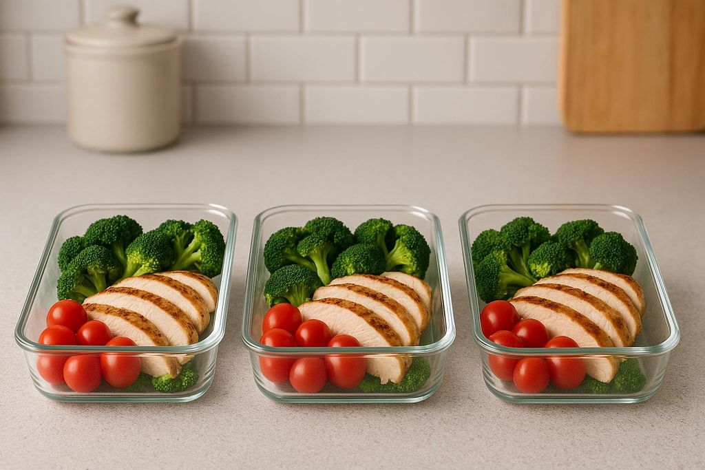 Three clear glass meal prep containers filled with sliced grilled chicken breast, fresh broccoli florets, and red cherry tomatoes, arranged on a light grey countertop in a kitchen setting.