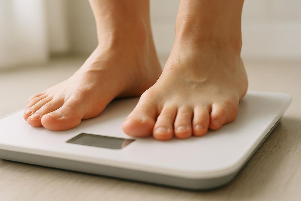 A close-up shot of a person's bare feet standing on a white digital bathroom scale. The scale's display is visible but unreadable, emphasizing the act of weighing oneself.