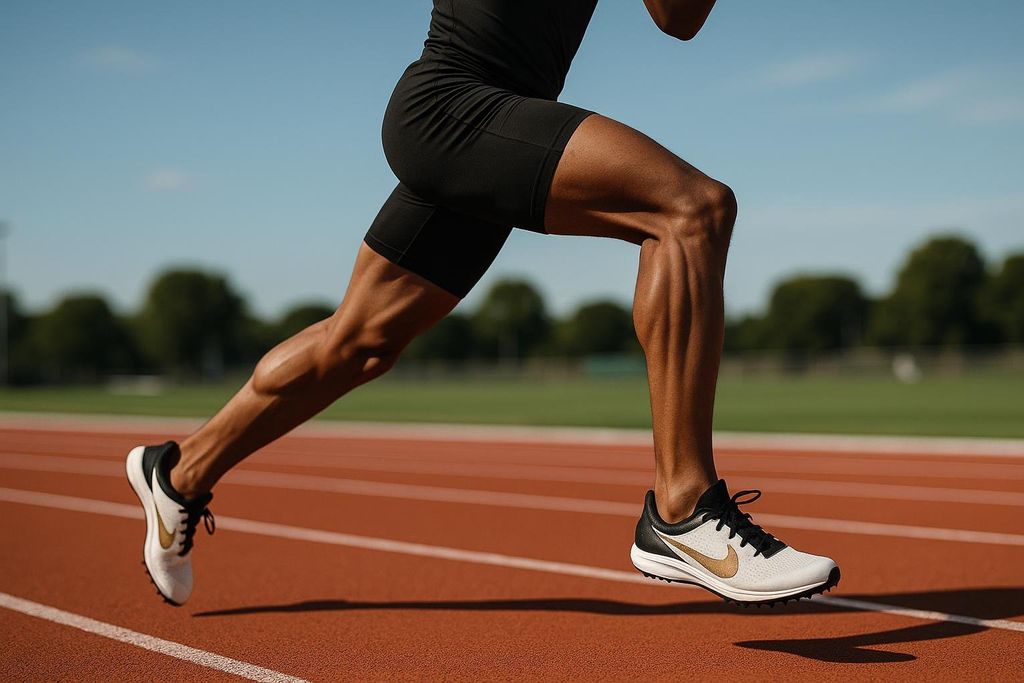 An athlete running on a track, with subtle motion blur on one leg to represent how muscle imbalances can lead to performance leaks and injury risk. The athlete is wearing black shorts and a black top, with white and black running shoes featuring a gold Nike swoosh.