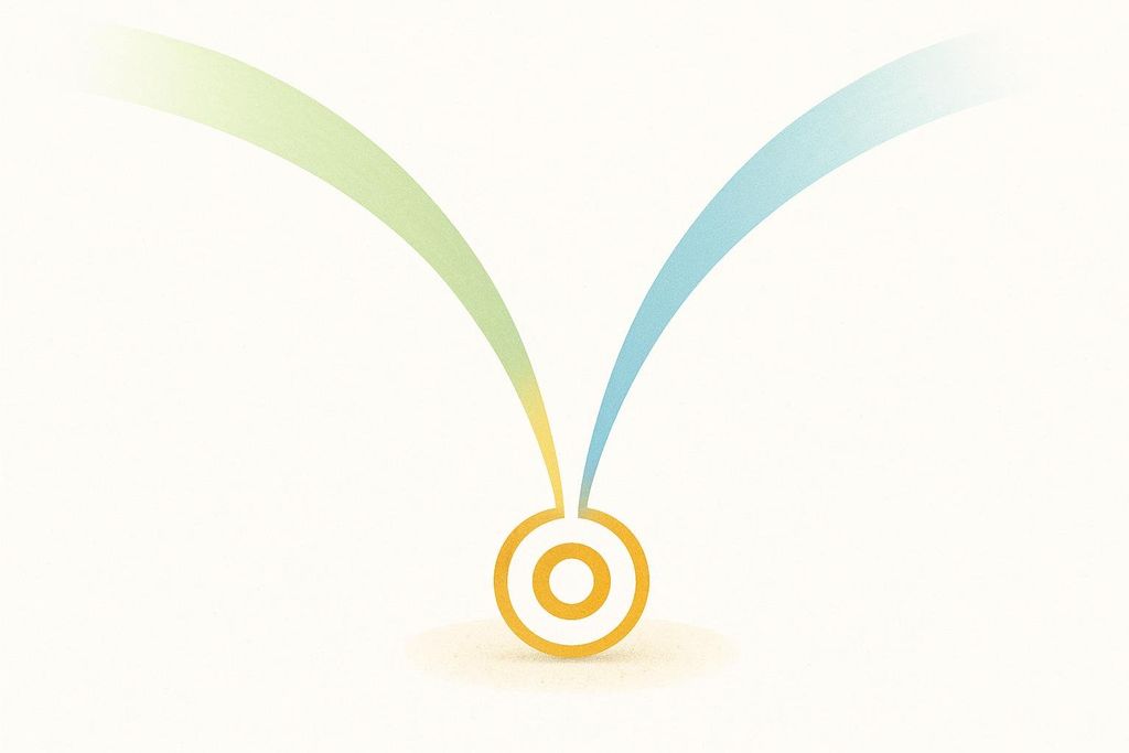 An abstract illustration showing two different colored streams, one green and one blue, converging on a central yellow target, representing the dual-agonist action of Tirzepatide.