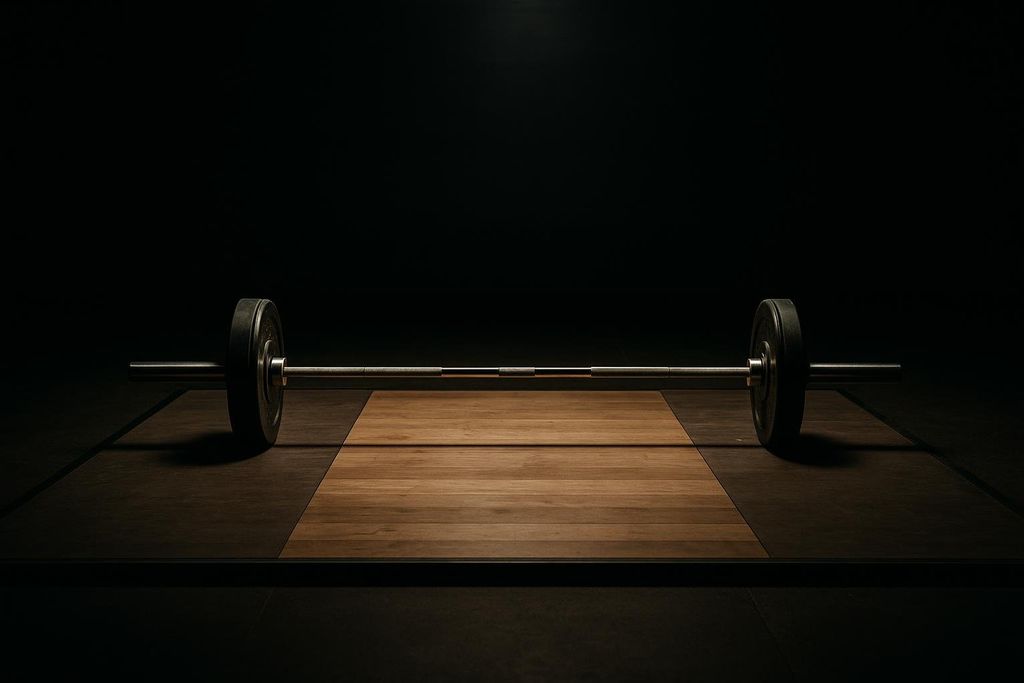 An empty barbell with black weights on a dark wooden lifting platform. The background is black, and a spotlight shines on the center of the barbell.