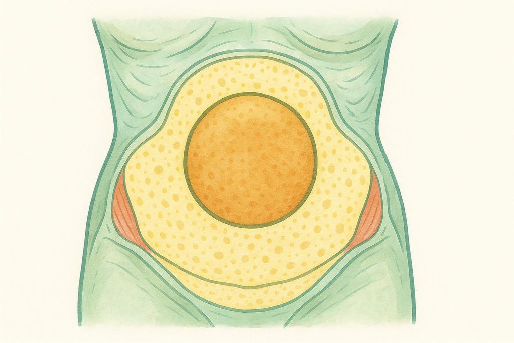 A cross-section illustration of an abdomen showing the layers of tissue. The outermost layer is skin, followed by a thick layer of yellow, mottled subcutaneous fat. Beneath that is a thinner green layer of what appears to be muscle and connective tissue. In the center is a large, circular orange mass, representing visceral fat surrounding organs.