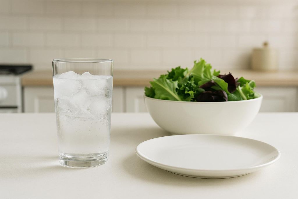 A clear glass of ice water next to an empty white plate and a bowl of fresh green and red lettuce leaves on a white kitchen counter. The background shows a blurry kitchen with white subway tiles.