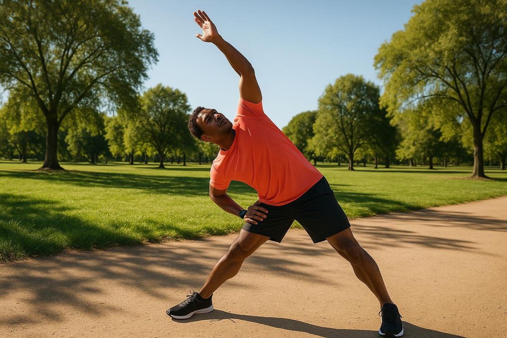 A man in an orange t-shirt and black shorts performs a side bend stretch on a dirt path in a park. He is looking up with his right arm raised above his head, and his left hand is on his hip. Green grass and trees are visible in the background under a clear blue sky.