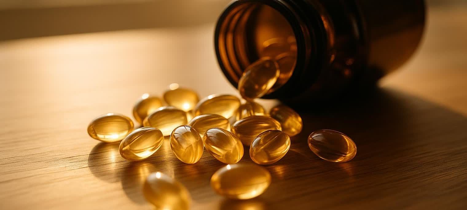 Close-up of golden fish oil softgels spilling out of a dark amber bottle onto a warm-toned wooden surface, illuminated by a gentle light.