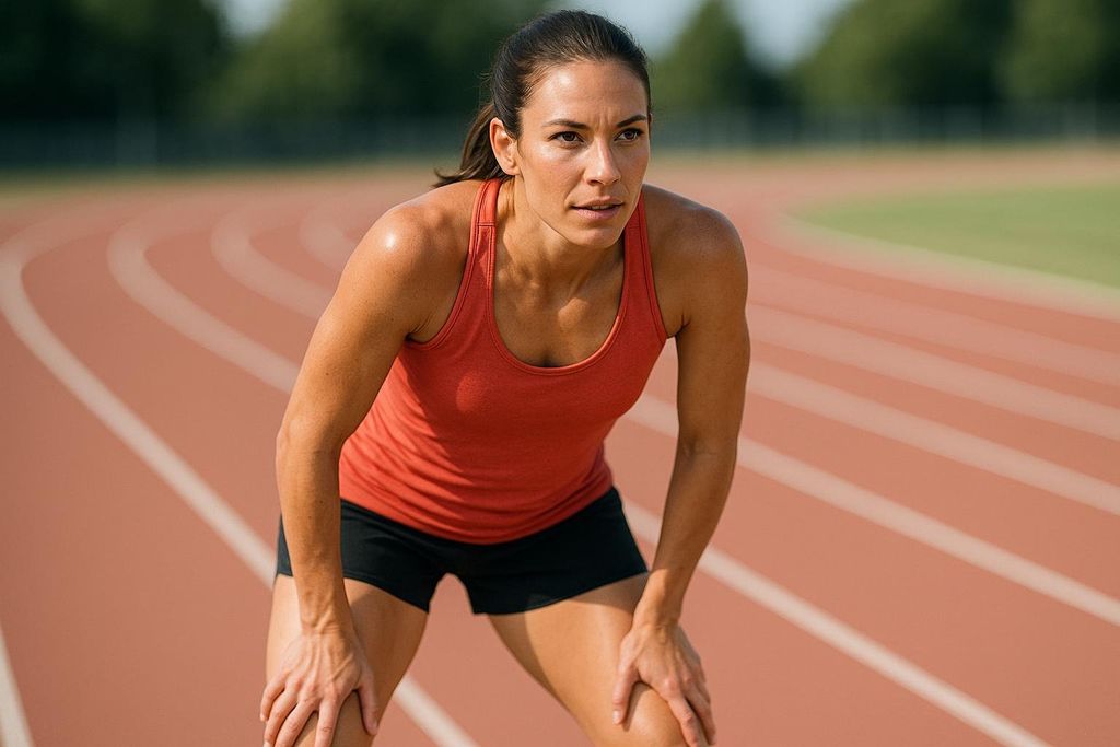 A female endurance athlete, dressed in a red tank top and black shorts, stands with her hands on her knees, taking a break on an outdoor running track. Her expression shows focus and determination.