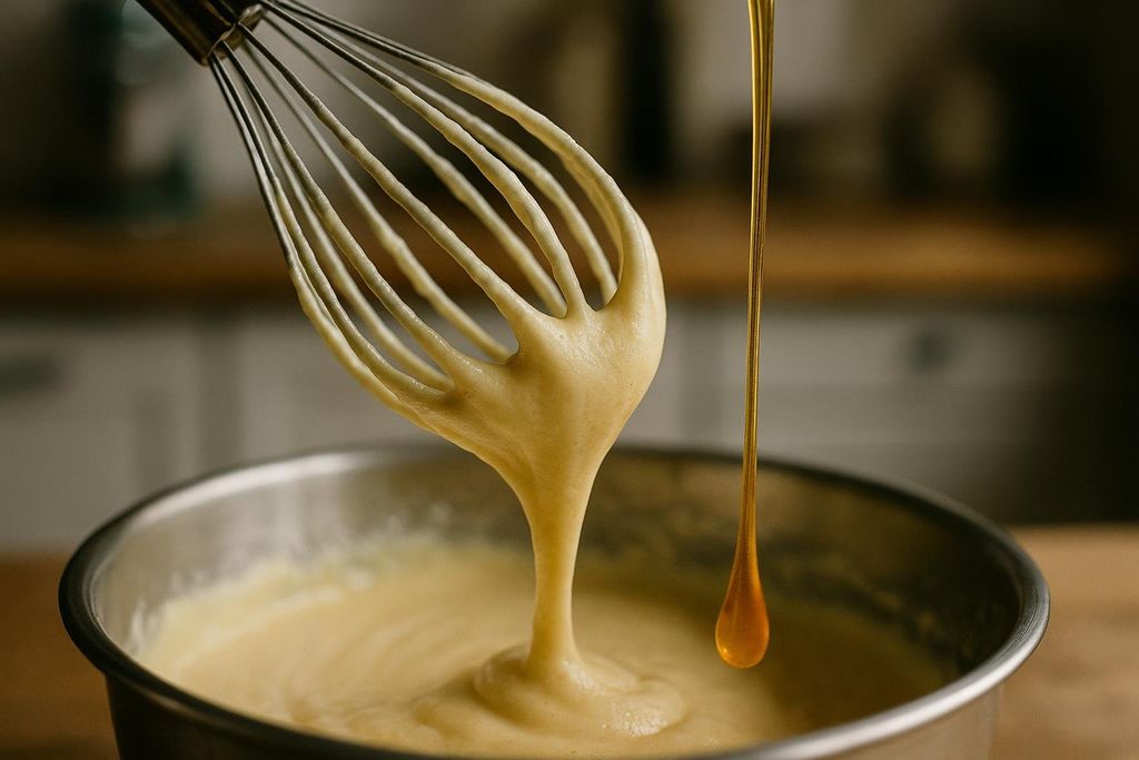 Golden honey drips in a thick stream, forming a perfect droplet, next to a whisk covered in creamy, pale yellow batter over a metal bowl. The background is softly blurred, hinting at a kitchen setting.