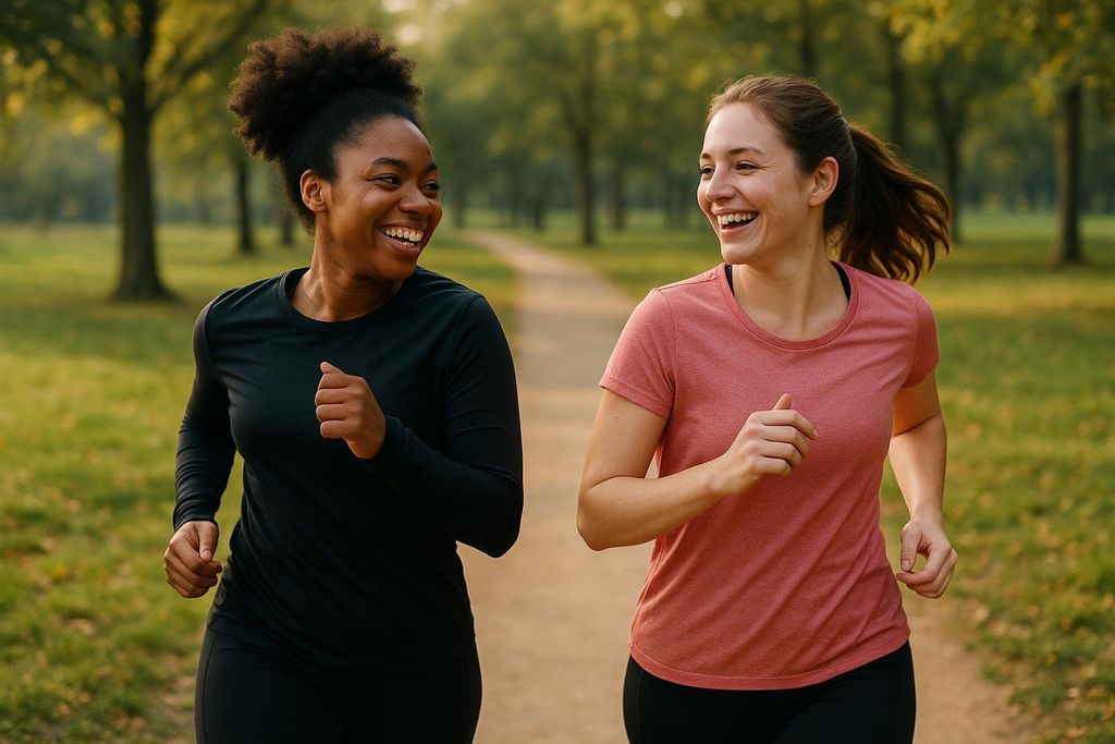 Two smiling women jog side-by-side on a path in a park, enjoying each other's company and the exercise. The woman on the left wears a black long-sleeve shirt and black pants, while the woman on the right wears a salmon-colored t-shirt and black pants. Trees and green grass are visible in the background.