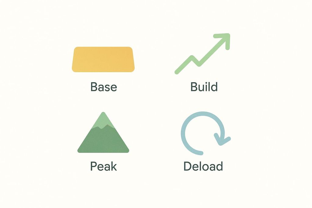 Infographic illustrating four training phases: Base (a rectangular solid shape), Build (an upward-trending line graph), Peak (a mountain graphic), and Deload (a circular arrow icon).