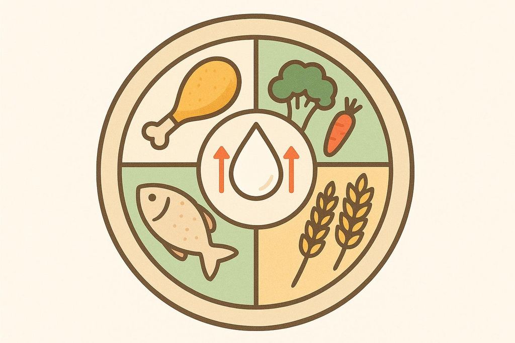 An illustration of a plate divided into four sections: a chicken leg, fish, broccoli and carrots, and wheat stalks. In the center, there is a milk drop icon with upward-pointing arrows, symbolizing nutrition for breastfeeding.