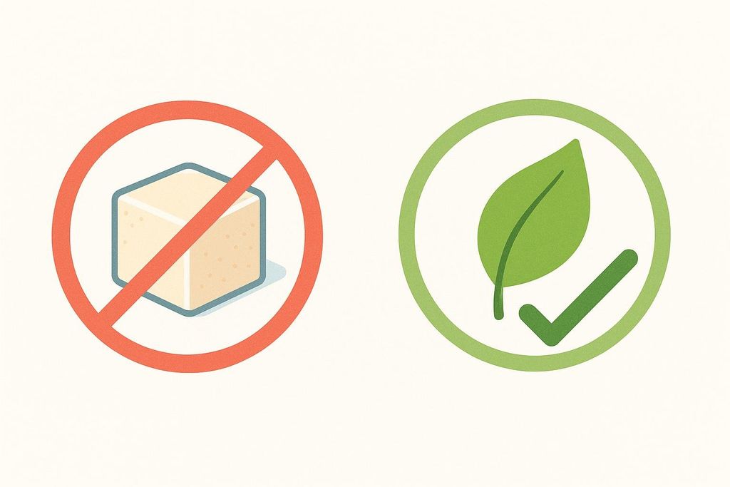 An illustration depicting a sugar cube inside a red 'no' circle on the left, and a green leaf with a checkmark inside a green circle on the right, symbolizing the choice against added sugar and for natural sweeteners.