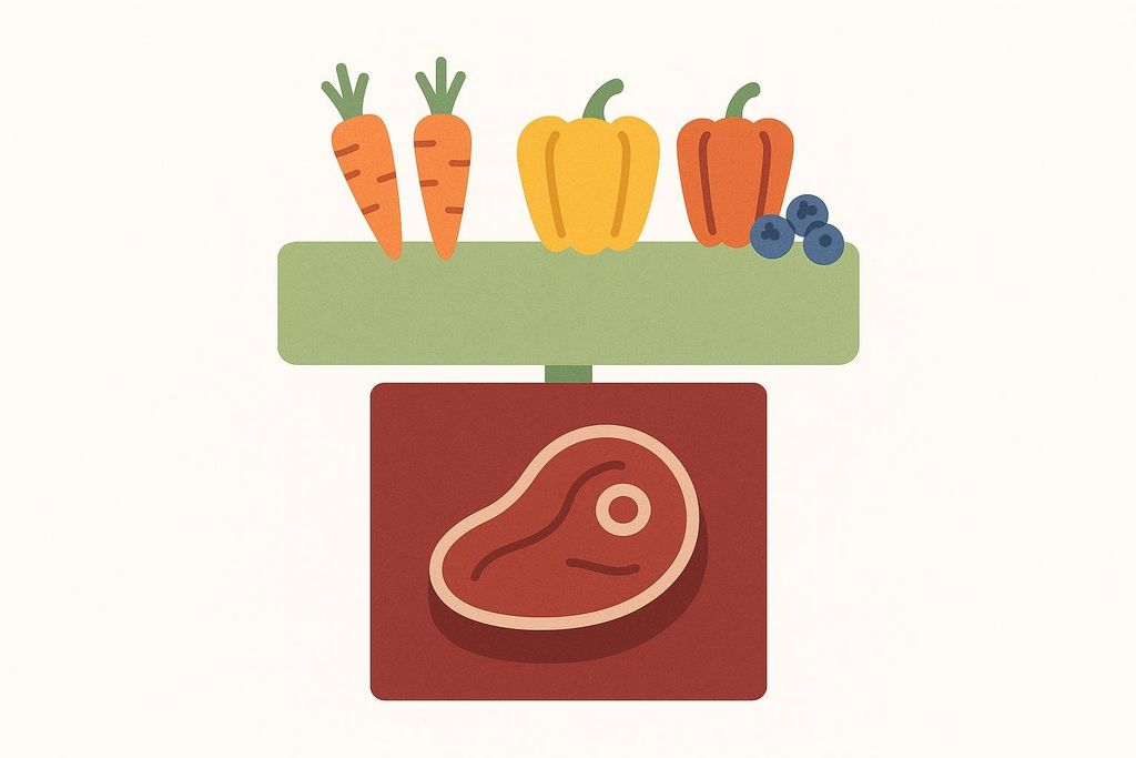 Illustration of a two-tiered diet structure with a steak at the base and a variety of vegetables (carrots, bell peppers, blueberries) on the top tier.