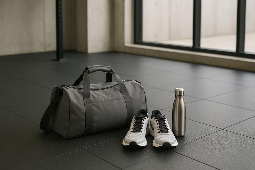 A gray gym bag, light-colored athletic shoes with black laces, and a silver water bottle arranged on a dark gray tiled gym floor. A window is visible in the background.