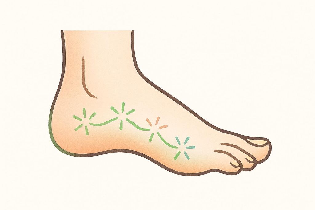 An artistic illustration of a human foot with a wavy green line connecting light green and orange starburst shapes on the sole, representing nerve function testing or sensation.
