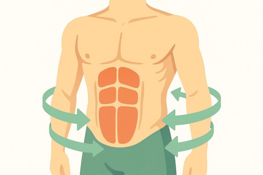 Illustration showing a torso with visible abdominal muscles (six-pack) and green arrows rotating around the waist, representing core muscles engaged during a rotational hula hoop motion.