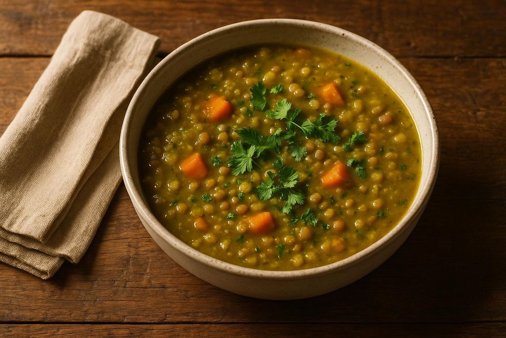 A warm bowl of split pea and lentil soup with carrots and garnished with fresh cilantro, sitting on a rustic wooden table next to a folded linen napkin.