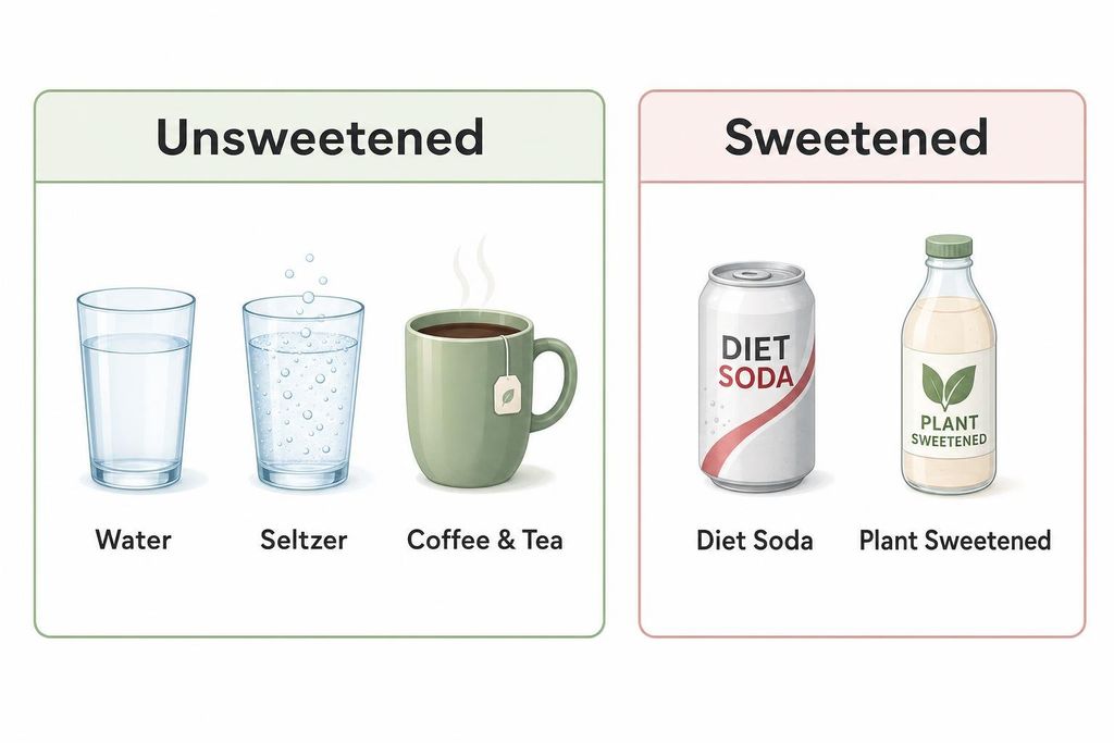 A comparison diagram illustrating unsweetened drinks like water, seltzer, and coffee/tea, versus sweetened drinks like diet soda and plant-sweetened beverages.