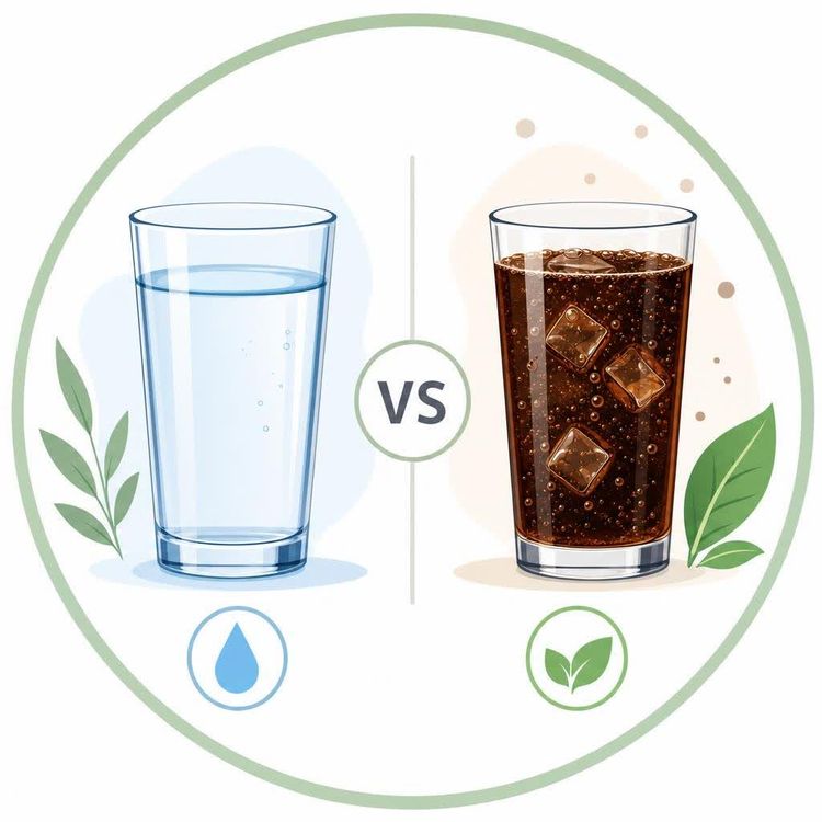 A flat vector illustration comparing a glass of clear water with bubbles and a blue drop icon, against a glass of dark fizzy soda with ice cubes and green leaf icon. A 'VS' in a circle is centered between the two glasses.