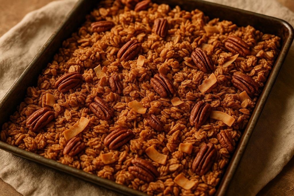 A close-up view of a baking sheet filled with freshly made maple pecan granola. The granola is a golden brown color and contains whole pecans and flakes of coconut.