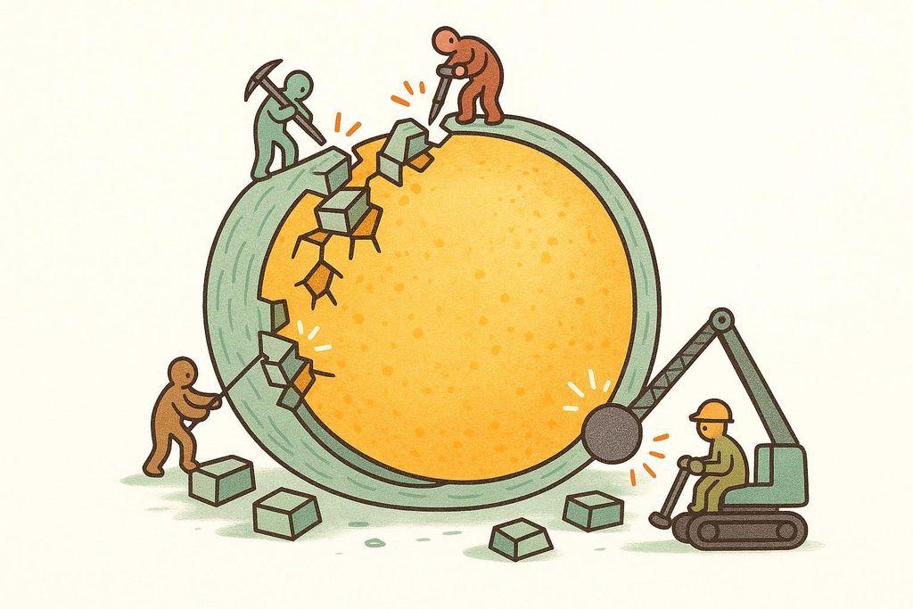 Illustration of tiny workers dismantling a fat cell to release energy, symbolizing the catabolic process. One worker uses a pickaxe, another a jackhammer, one pulls out a block, and a fourth uses a wrecking ball.