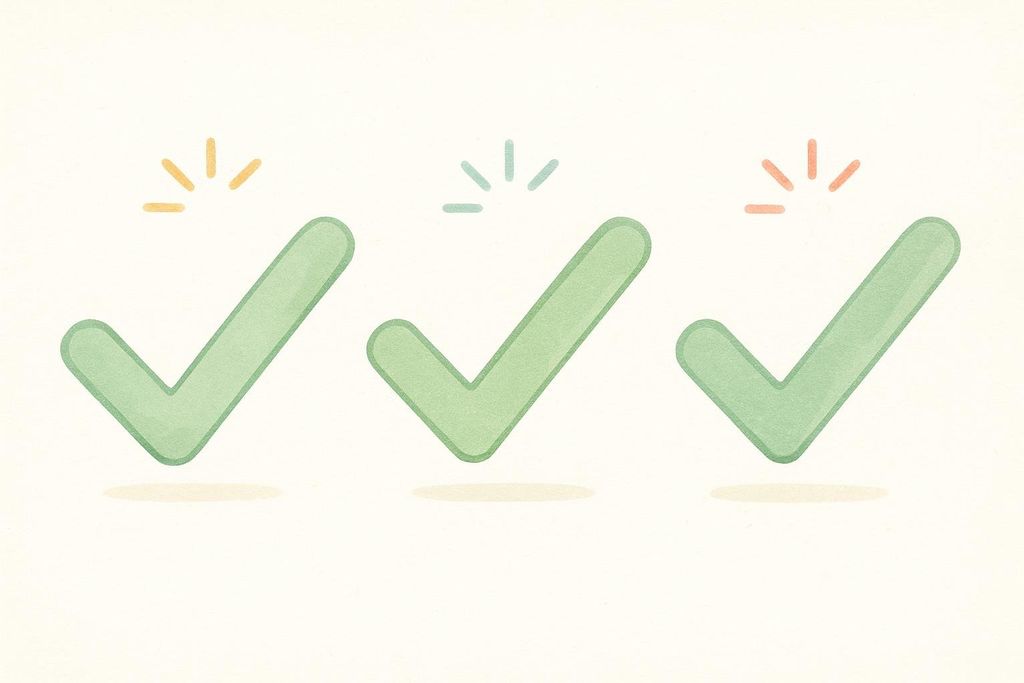 Three identical green checkmarks are lined up horizontally on a light background. Above each checkmark are small, colored bursts: yellow above the first, light blue above the second, and light red above the third.