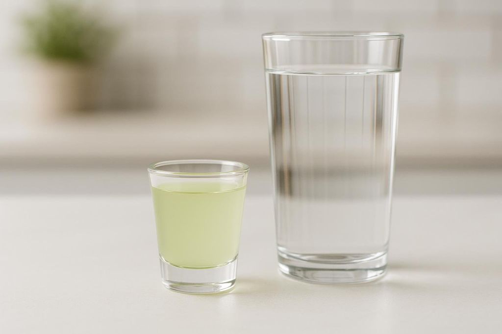 A small glass filled with light green aloe juice sits next to a taller, clear glass of water, illustrating the size difference between the two beverages.