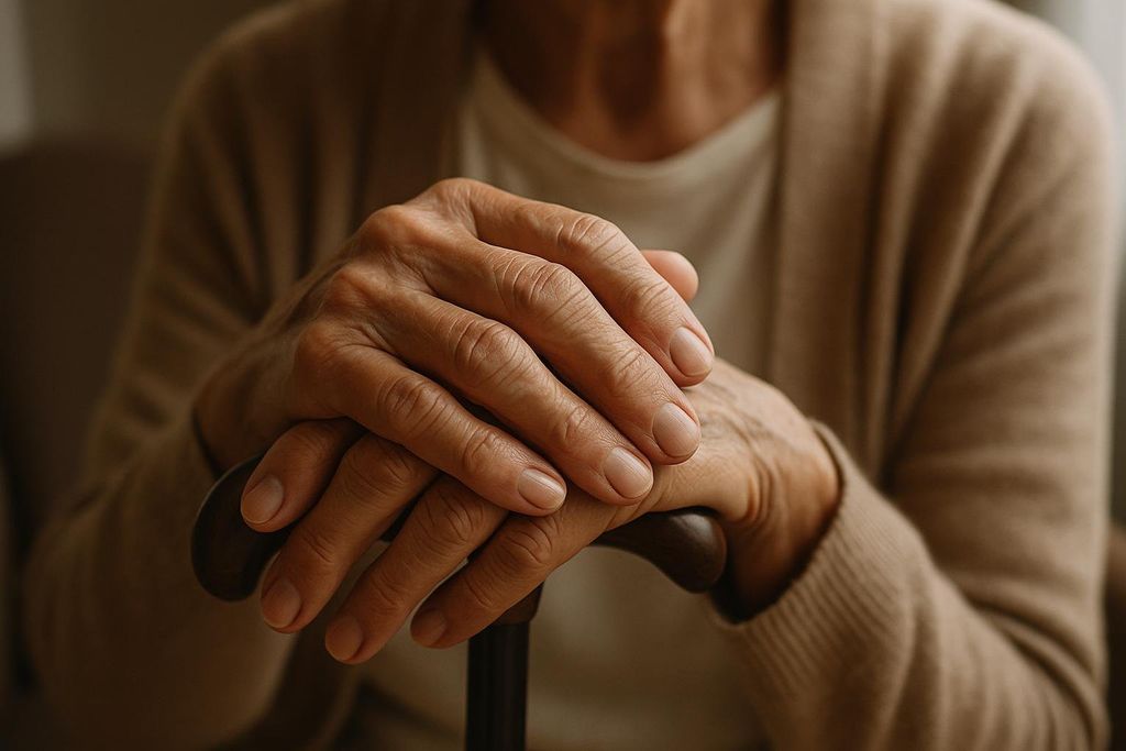Close-up of a senior woman's hands, with visible wrinkles and neatly manicured fingernails, resting gently on the dark wooden handle of a cane. She is wearing a light brown or beige cardigan over a white shirt.