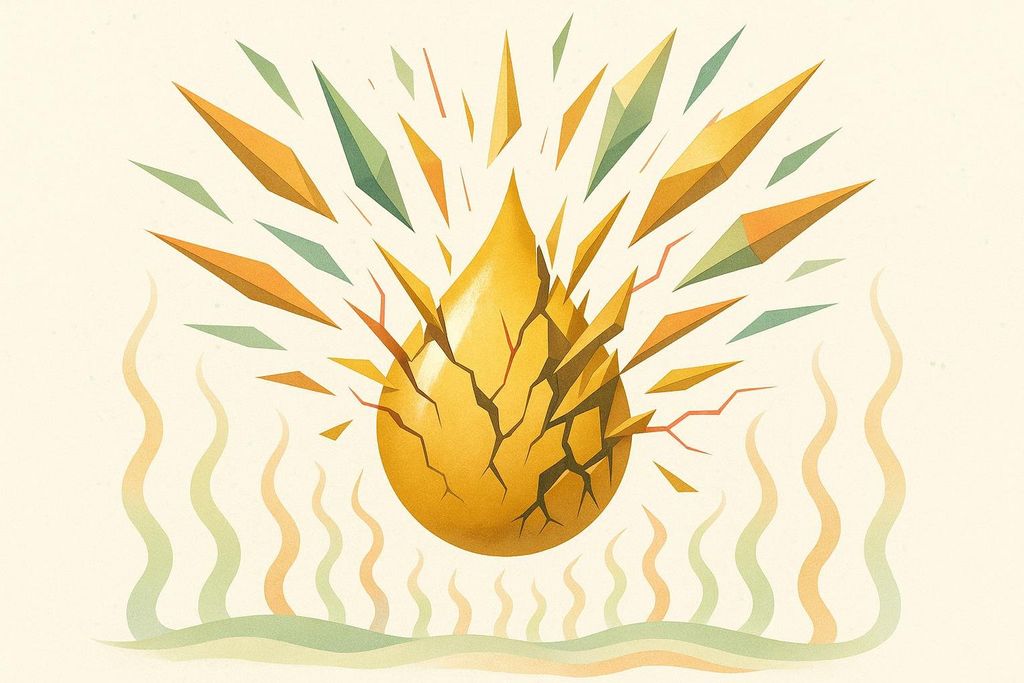 An abstraction of a golden oil droplet fragmenting into jagged pieces, symbolizing oxidative stress.