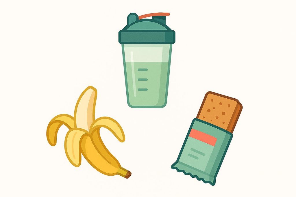 An illustration of post-workout snacks including a partly-peeled banana, a protein shaker bottle with a green liquid, and a protein bar in its green wrapper.