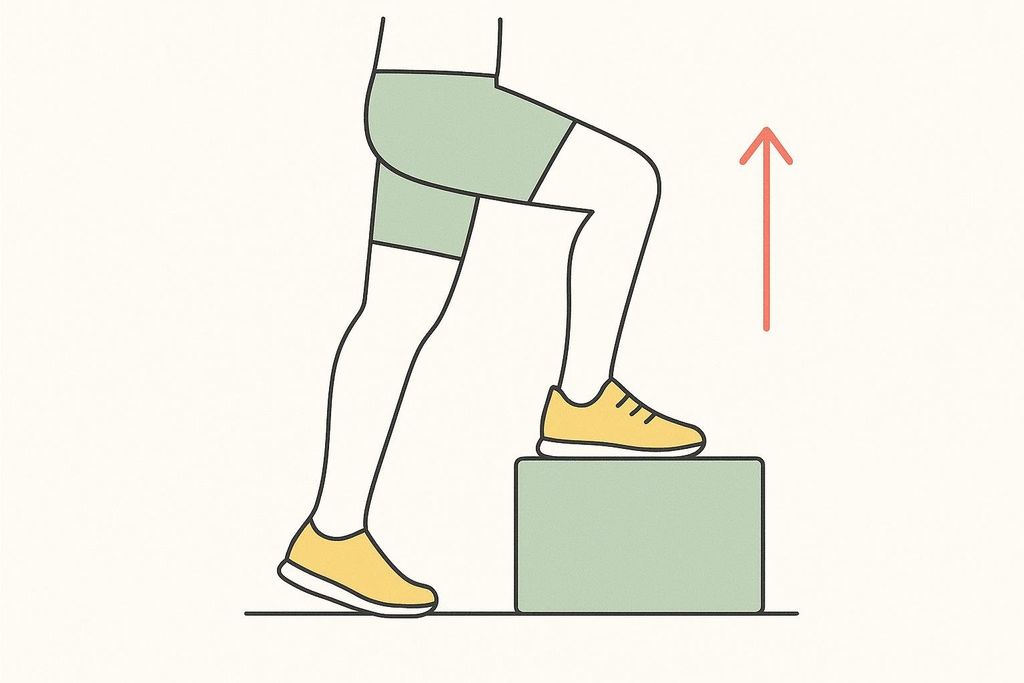 An illustration of legs performing a step-up exercise. One foot is on a green block, while the other foot is on the floor. A red arrow points upwards, indicating the direction of movement.