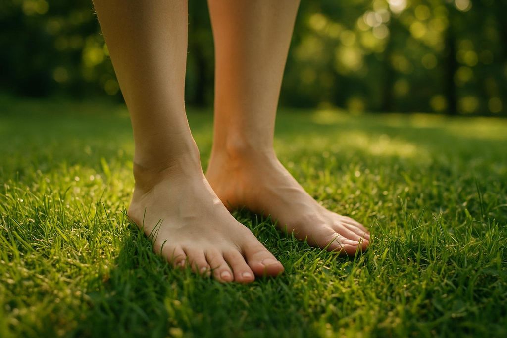 Bare feet standing on grass, representing the natural method of grounding.