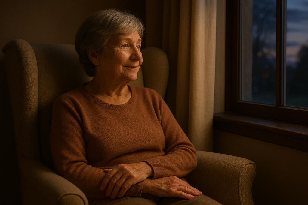 An older adult woman with gray hair sits in a comfortable armchair, looking out a window at dusk with a slight smile. The soft light from the window illuminates her face, while the room around her is dim. Her hands are gently clasped in her lap.