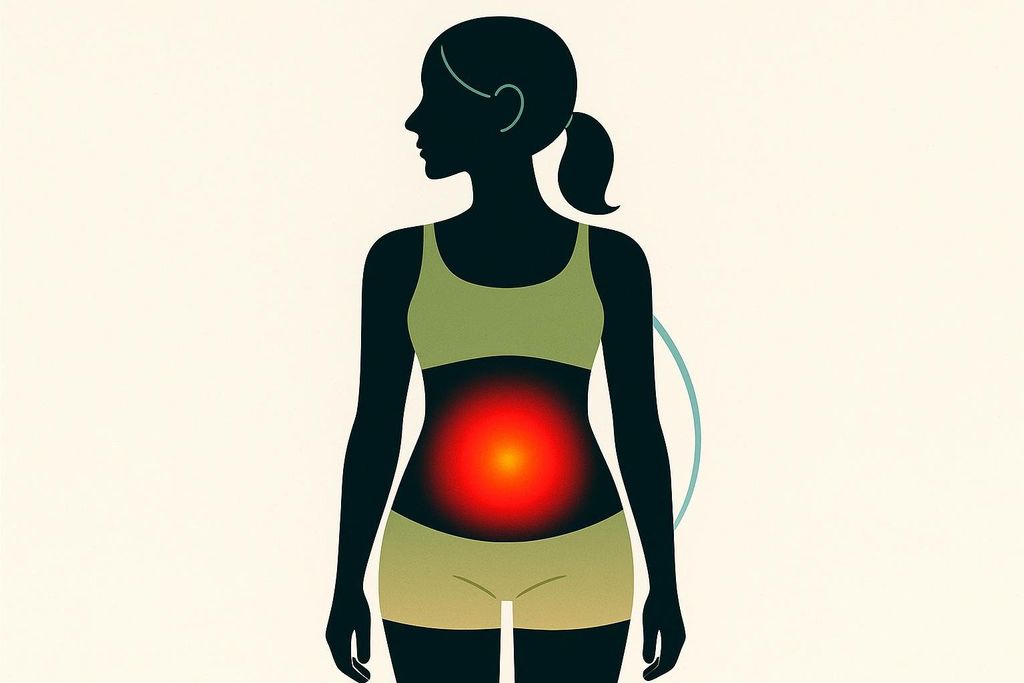 An illustration showing a slim body with a glowing red abdomen, symbolizing the hidden danger of visceral fat (TOFI), with a slight blue line extending from the back.