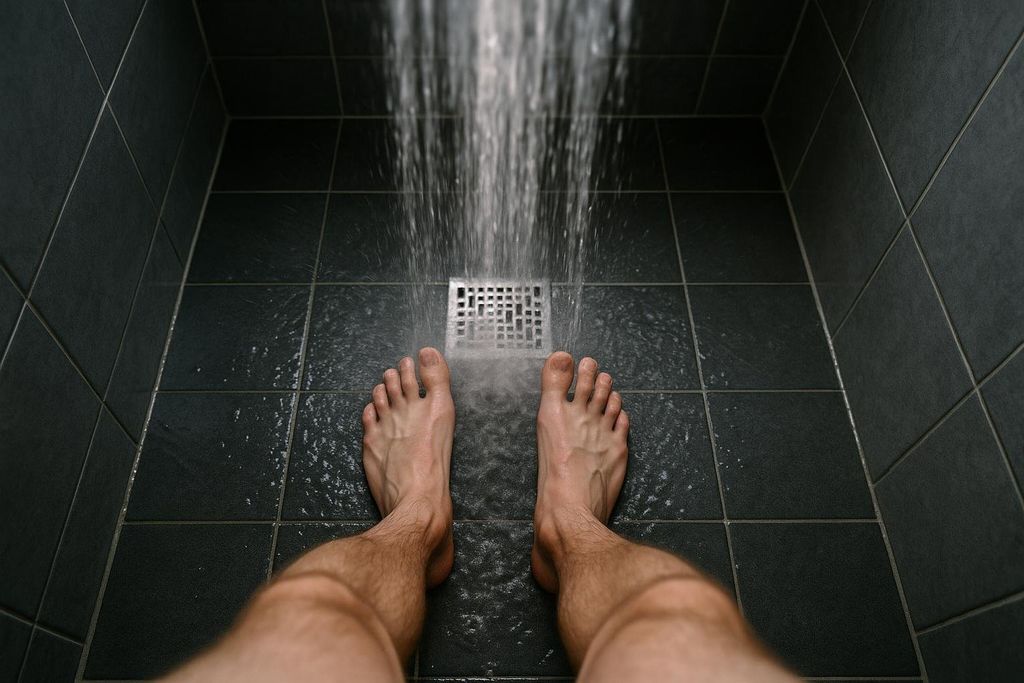 First-person view from the waist down of a person's legs and bare feet standing in a shower while water from the showerhead rains down on them and the dark grey tile floor.