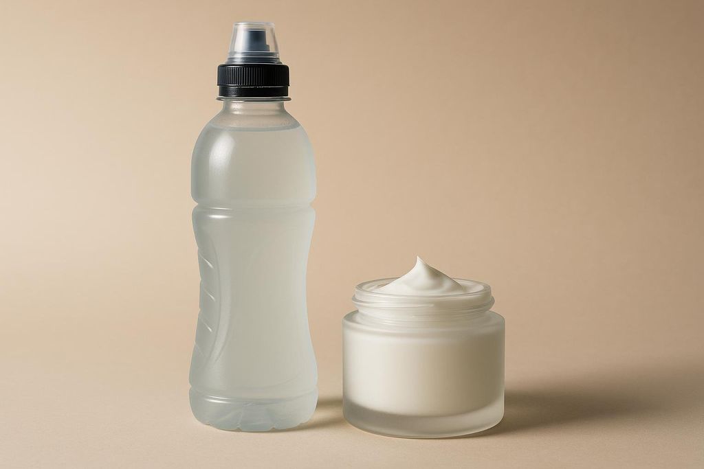 A clear sports drink bottle with a black and clear cap stands next to an open frosted glass jar of white face cream with a peak on top, all against a plain beige background.