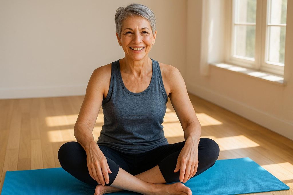 A smiling mature woman with short grey hair wearing a dark tank top and black leggings, sitting comfortably cross-legged on a blue yoga mat.