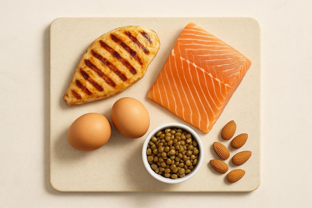 A selection of protein-rich foods including grilled chicken breast, a raw salmon fillet, two eggs, a bowl of lentils, and almonds on a light-colored board.