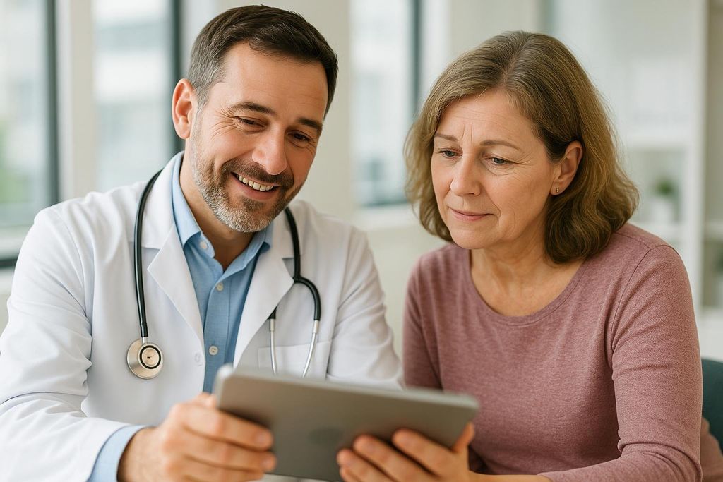 A smiling male doctor in a white coat and stethoscope shows a female patient, with concerned expression, information on a tablet. They appear to be discussing medical details or test results.