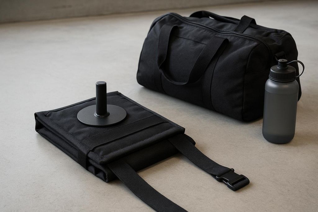 A compact black fabric weight sled with a metal post for weights is shown next to a black gym bag and a dark gray water bottle, highlighting the sled's portable size for home gym users.
