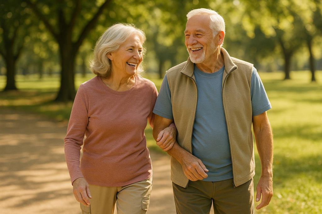 Two active older adults smiling and walking arm-in-arm in a sunny park, representing overall well-being for seniors.