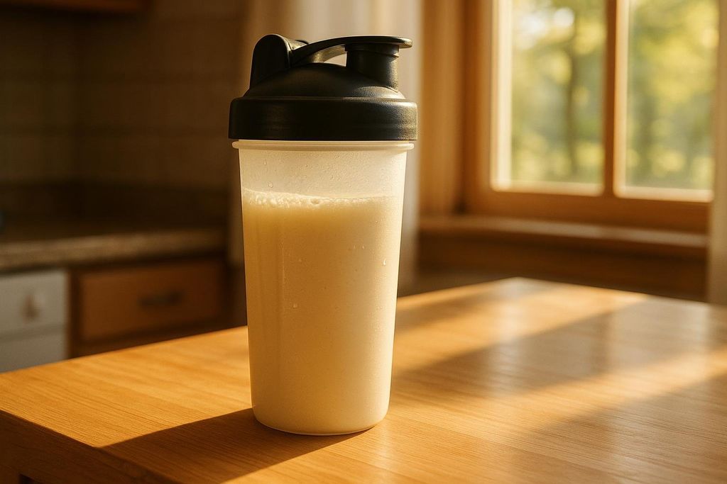 A clear plastic shaker bottle with a black lid holds a light-colored protein shake on a wooden table. Sunlight streams in from a window in the background, casting shadows on the table.