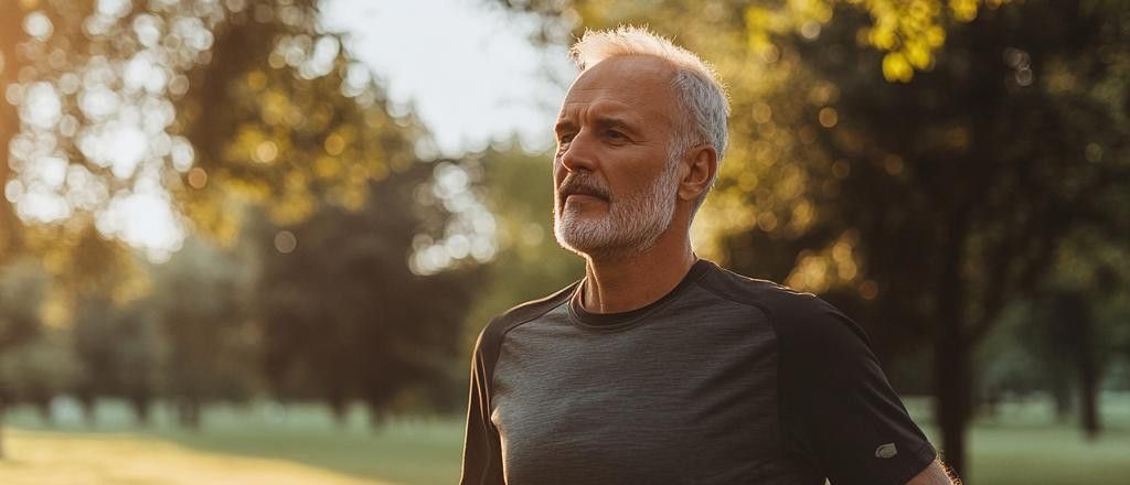A handsome older man with a white beard and short white hair looks away from the camera during golden hour in a park, trees and golden light visible in the background.