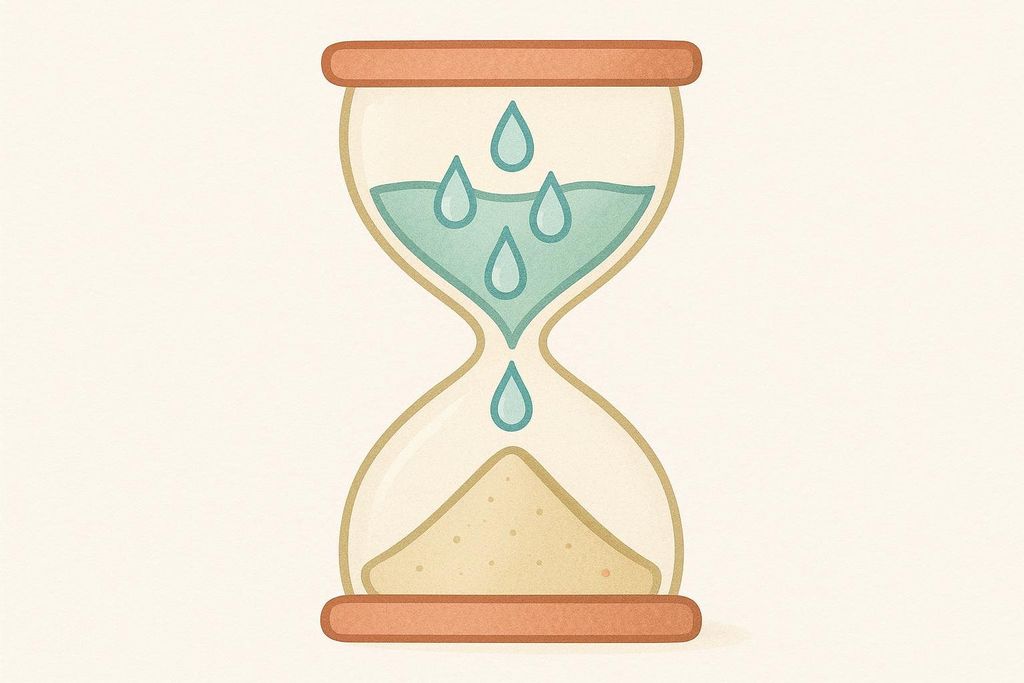 A stylized hourglass filled with dropping water to symbolize hydration.