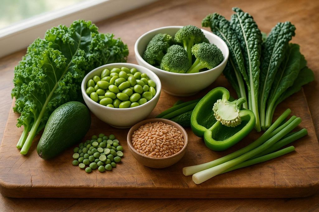 A cutting board displays an assortment of green plant-based foods including kale, avocado, split peas, green bell pepper, green onions, and bowls of edamame, broccoli, and grains.