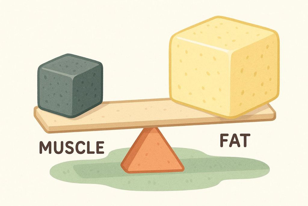 An illustration comparing the volume of muscle and fat at the same weight using a scale. A small, dense dark gray cube labeled 'MUSCLE' sits on the left, while a much larger, lighter yellow cube labeled 'FAT' sits on the right. Both sides of the scale are balanced, showing that the small muscle cube and the large fat cube weigh the same, illustrating that muscle is denser than fat.