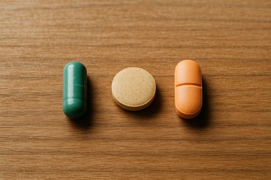 Assorted pills arranged on a wooden table