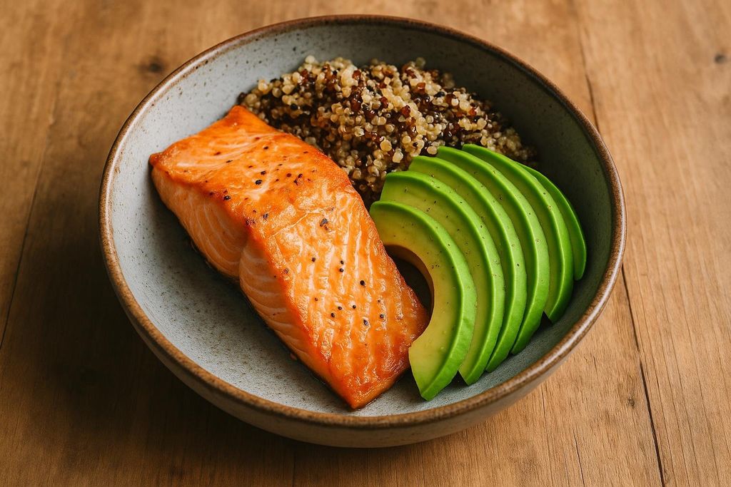 Balanced nutrition bowl featuring cooked salmon, quinoa, and sliced avocado arranged in a ceramic bowl on a wooden surface.