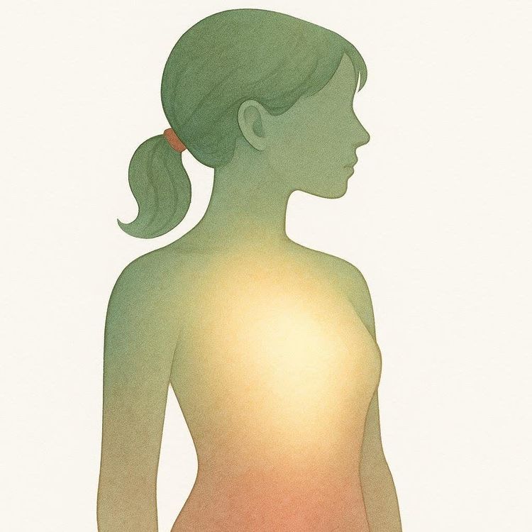 An illustration of a woman's silhouette from the chest up, with a glow emanating from her chest area. Her silhouette is green, fading into warm yellow and orange tones around her chest and torso. She has a ponytail with an orange hair tie. The background is a soft off-white.