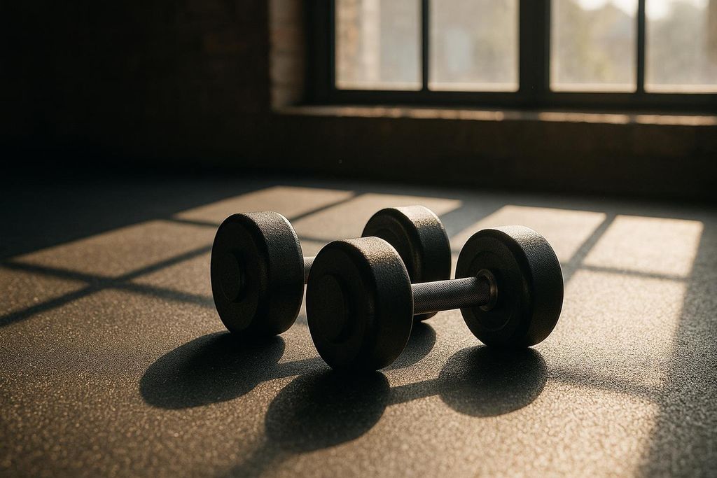 Two black dumbbells sit on a speckled gym floor, bathed in sunlight filtering through a window in the background. Shadows from the windowpanes create a grid pattern on the floor and dumbbells, highlighting the texture and form of the weights.